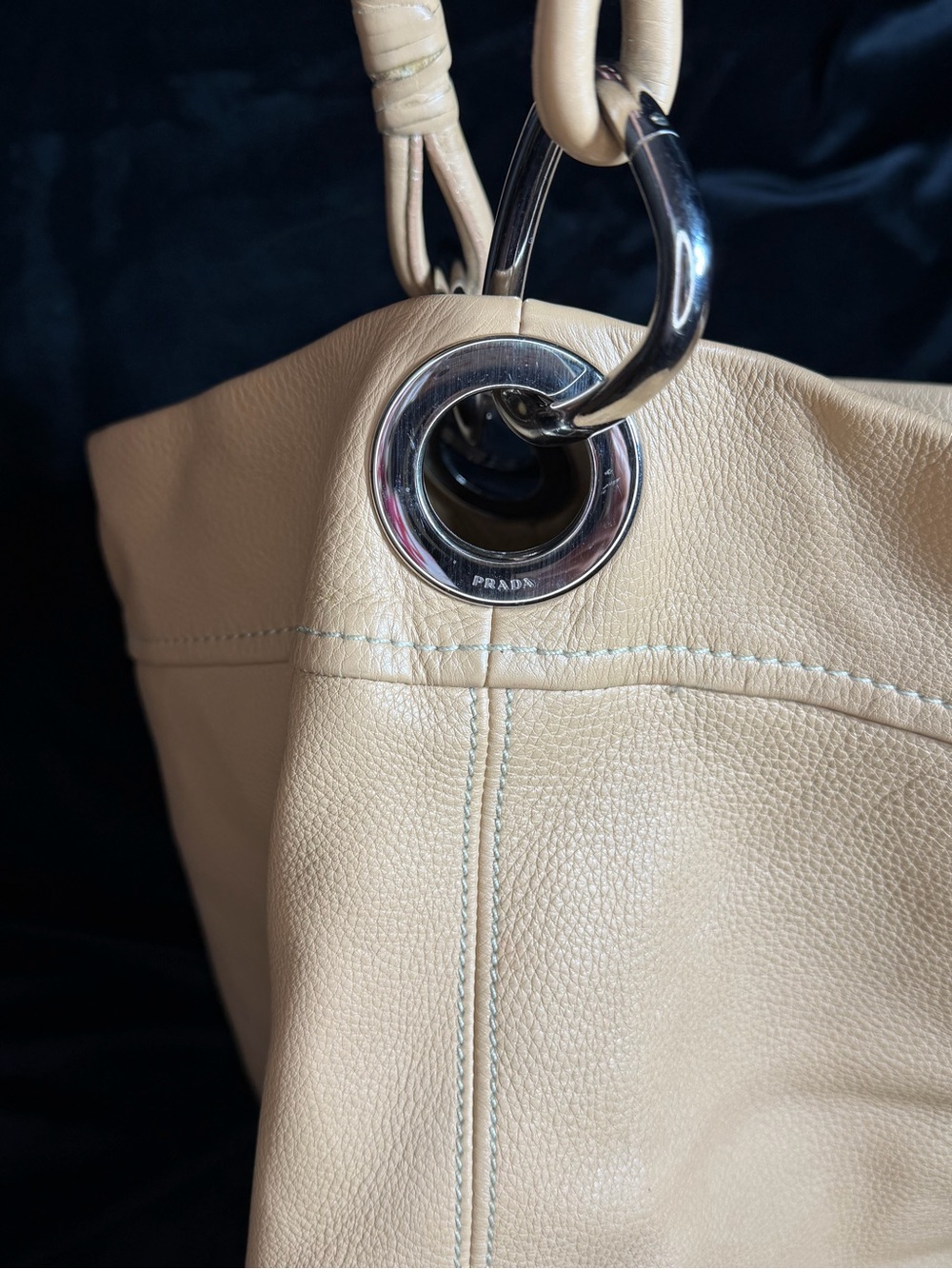 Prada Beige/Tan Pebbled Leather Hobo with Silver Rings - Picture 10 of 13